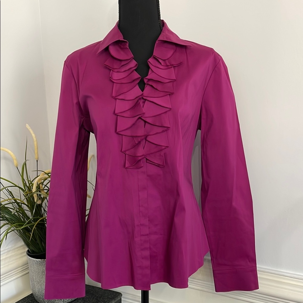Lafayette 148 New York Magenta Ruffle Front Button-Down Blouse